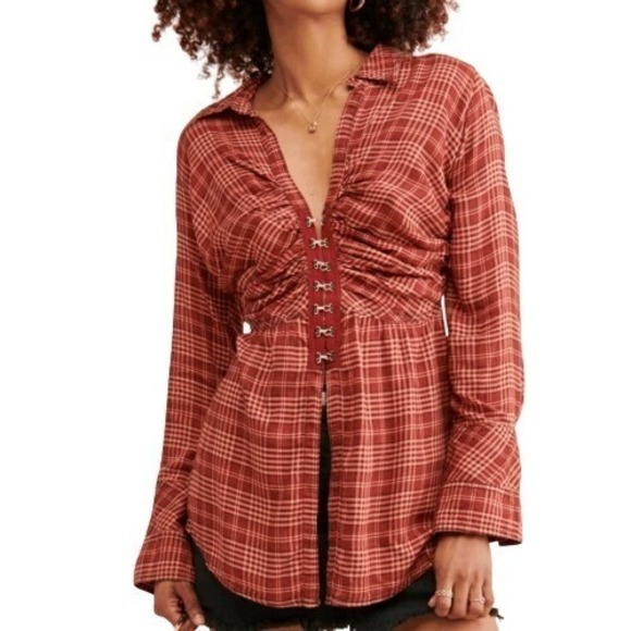 We The Free Tops - We The Free Catalynn‎ Plaid Hook-and-Eye Fitted Top Red XS